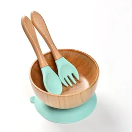 Drewniana Puchar Sucker Bowl Dzieci Baby Wareware Ssawka Puchar Dziecko Karmienie Miska Płyta Anti-Skalding Owoc Sałatka Płyta Dining Tool Y200111