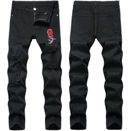 Man Stretch Rose Broderi Jeans Fashion Occident Trend Hole Fold Zipper Denim Byxor Designer Man Höst Ny Mid Midist Casual Slim Jeans