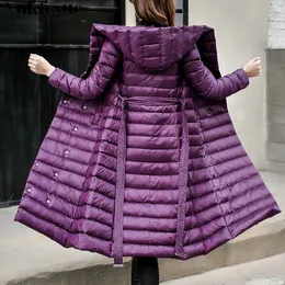 Down Jacket Female Vintage A line Overcoat Ultralight Winter Coat Women Long Warm Parka With Belt Plus size jeackets 201103