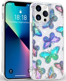 キラキラの輝く蝶の花の女性の乙女様式の花の女性のガーリーかわいい電話ケースiPhone 13 12 11 Pro Max Mini XR XS x 8 7 Plus