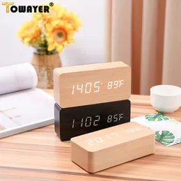Alarm Clock LED Digital Wooden USB/AAA Powered Table Watch With Temperature Humidity Voice Control Sze Electronic Desk Clocks 220311