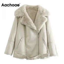 Aachoae Winter Streetwear Fur Faux Leather Jacket Women Fashion Thick Warm Coat Female Zipper Up Sashes Jackets Coats 201109