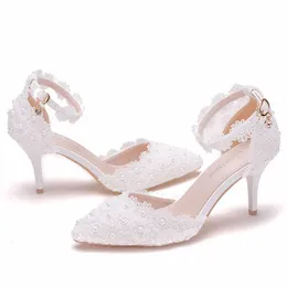 Forniture Wish Amazon Scarpe da sposa in pizzo bianco Cinturino con una parola Tacco a spillo Sandali da sposa con punta a punta Pompe da 9 cm Scarpe da sposa da sposa