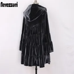 Nerazzurri Oversized Velvet Trench Casaco para mulheres com capuz flare manga longa primavera roupas soltas para mulheres 2020 mulheres moda lj200903