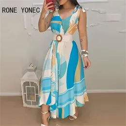 Women Elegant Dress Tropical Print V Neck Tie Up Maxi With Belt Casual Summer 220210