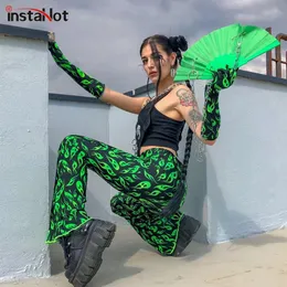 Instahot 10% Spandex Wysokiej Talii Spodnie Flare Fire Printed Legging Jesień Zima Kobiety Moda Sexy Clubwear Spodnie Spodnie 201113