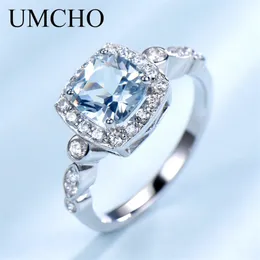 UMCHO Echt S925 Sterling Silber Ringe für Frauen Blau Topas Ring Edelstein Aquamarin Kissen Romantische Geschenk Verlobung Schmuck Y200321