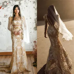 Two Pieces Gold Dubai Wedding Dresses Appliqued Lace Long Sleeves Mermaid Bridal Gowns Sweep Train Custom Made Robe De Mariée