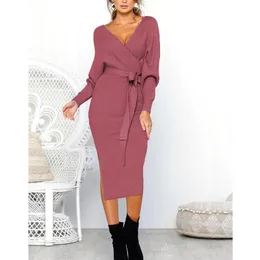 Casual Dresses Lång Kvinnor Kläder Vår Höst Full Sleeve V-Neck Sheath Dress Fashion Lace Up Oregelbunden Vestido Longo Festa