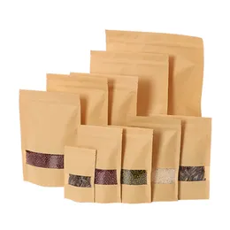 1000pcs / parti 9 * 14cm 10 * 15cm 12 * 20cm 20 * 30cm 22 * ​​31 Kraft Paper Bag Stand Up Förvaringspåsar med fönsterkedja Food Snack Nötter påse