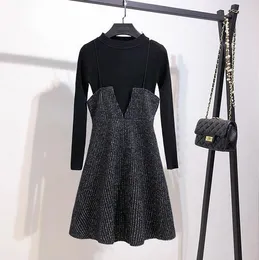 2021 라인 긴 소매 검은 가을 겨울 2 조각 세트 캐주얼 터틀넥 스웨터 뜨개질 탑 + 슬링 슬림 미니 A- 라인 드레스