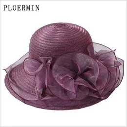PLOERMIN Organza Sun Hats Women Flower Summer Wedding Caps Female Elegant Floral UV Church Hats New Fashion Y200602