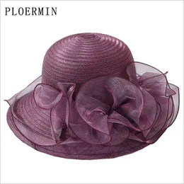 Ploermin organza sun hats 여자 꽃 여름 웨딩 모자 여성 우아한 꽃 UV 교회 모자 새로운 패션 Y200602