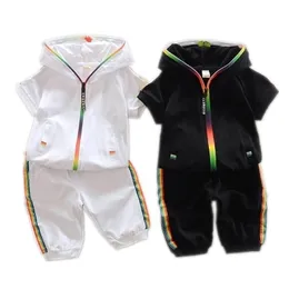 Children Summer Cotton Garment Baby Boys Girls Candy-colored Zipper Hoodies Short 2 Pcs/Set Kids Short Sleeve Twinsets Tracksuit 201126