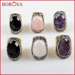 Klusterringar Borosa 5/6st Oval Natural Multi-Kind Facettered Stone For Women Rhinestone Pave Black A-Gate Crystal Druzy Ring Jab9371