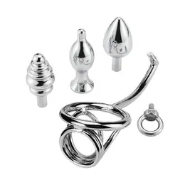 NXY Chastity Device Metal Detchable + Penis Ringar Man Bur Sexleksaker För Män Kuk Ring Dick Stretcher Lock Sperma Anal Butt Plug1221