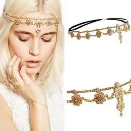 Women Fashion Headress Tillbehör Pearl Floral Flower Rhinestone Beaded Faux Pearl Pave Stretch Headband Gold FD044