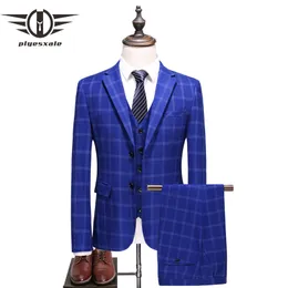 Plyesxale 3 szt. Plaid garnitur Mężczyźni Slim Fit Navy Royal Blue Wedding Suits 5xl Marka Designer Business Dress Garnitury Tuxedo Q380 201106