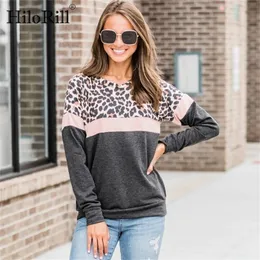 Hilorill Kvinnor Hoodies Leopard Striped Patchwork Sweatshirt Höst Långärmad O Neckover Casual Kvinna Streetwear Topp 201216