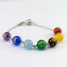 Pietra preziosa naturale 7 colori Chakra Bracciali a catena a maglia Reiki Intagliare Yoga Sette Chakra Bracciale in cristallo sanscrito Energia religiosa Pietra curativa Regalo di gioielli