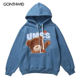 Gonthwid Creative Вышивка Hello Bear Hoodies Streetwear Хип-хоп Повседневная Пуловер С капюшоном Толстовки с капюшоном Mens Harajuku Tops 201113