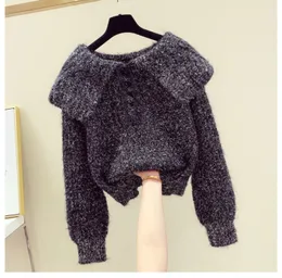 New design women's turn down collar cute mohair wool knitted lurex patchwork thickening wamr short sweater tops jumpers