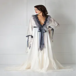 Элегантные меховые спящие одежды V-образным вырезом с длинными рукавами кружева свадебный роминг ночная рубашка шелковый сатин шикарный поезда свадьба пижама на заказ