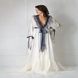 Elegant Fur Sleepwear V Neck Långärmad Snörning Snörning Kisk Robe Nattgott Silk Satin Chic Sweep Train Bröllop Pajama Anpassad