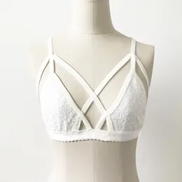 Erotic Women Cage Bralette Lace Triangle Push Up Wireless Crossover Hollow Out Sexy Underwear White GI188