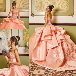 Coral Classy Beaded Plus Size Ball Gown Quinceanera Dresses Sweetheart Neck Appliqued Sweet 16 Dress Satin Sweep Train Sequined Fo233h