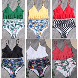 2021 Kobiety Swimsuit Wysokiej Talia Kostium Kąpielowy Plus Size Swimwear Push Up Bikini Set Vintage Plaża Nosić Biquini
