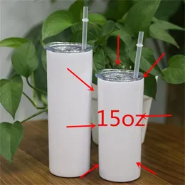 15oz sublimation blanks skinny tumbler vacuum insulated slim tapered tumblers stainless steel water bottles cups car mugs with lid straw