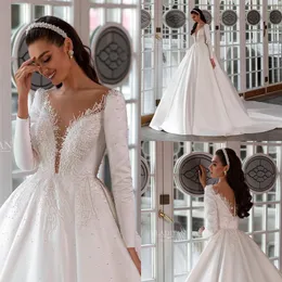 Elegantes weißes A-Linie-Hochzeitskleid mit langen Ärmeln, Spitze, applizierten Perlen und Satin-Brautkleidern nach Maß