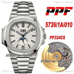 PPF 5726/1A/010 Vollfunktions-Automatik-Herrenuhr, Mondphase, weißes strukturiertes Zifferblatt, Super Edition, Edelstahlarmband, Puretime 324CS PP324SC PTPP-Uhren