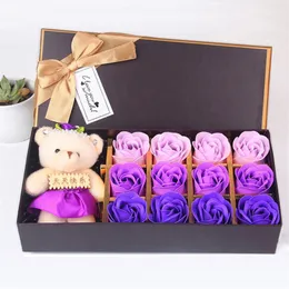 12 st Rose Presentförpackning Romantisk Konstgjord Rose Tvål Blomma med Toy Bear Gift Box Mors dag Alla hjärtans dag Rose Gift