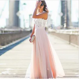 Auf Lager Günstige lange Brautjungfernkleider 2021 Erröten Rosa Spitze Chiffon Böhmischer Strand Junior Trauzeugin Hochzeitsgast Dress232E