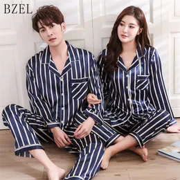 BZEL Couple Pajama Sets Silk Satin Pijamas Striped Sleepwear His-and-her Home Suit Pyjama For Lover Man Woman Lovers' Clothes Y200708