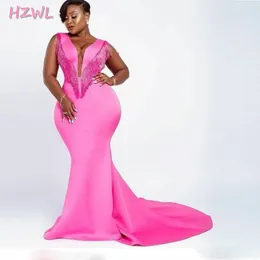 Hot Pink Plus Size Prom Dresses ASO EBI Afryki Syrenki Sweep Pociąg Suknie Wieczorowe Sheer V Neck Robe de Soiree Vestidos 2021