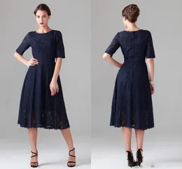 Navy Blue Tea Length Lace Mother of the Bride Dresses Jewel Neck 2021 Vintage Half Sleeves A Line Short Wedding Guest Party Gowns AL8004