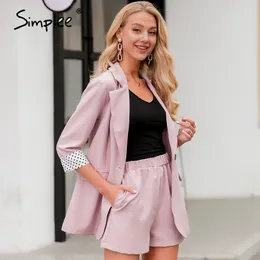 Simplee Elegant two-piece women blazer suit Button pockets polka dot female blazer shorts set Spring summer office ladies suits T200701