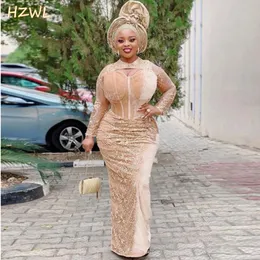 Champagne Plus Size Aso Ebi African Prom Dresses Sheer Long Sleeves Mermaid Evening Gowns Saudi Arabia Lace Robe De Soiree