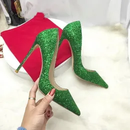 Обувь с красным дном закрыто пальто зеленое блеск, дамы, заостренные пальцы, вечеринка, свадебные туфли на высоких каблуках сексуальные шпионные платья женские насосы