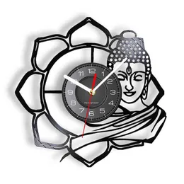 Budda Vinyl LP Zegar ścienny Silent Non Ticking Zegarki Spiritual Home Decor Hinduskie Medytacja Wall Art Re-Purposed Record Clock H1230