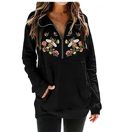 4 # Kvinnors Casual Zipper Tröjor Lapel Broderade Blommor Långärmad Toppar Pul Femme Chic Sweter Damskie Tröjor Pullover