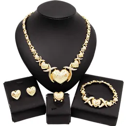Yulaili NEW 18K Gold Plated Jewellery Crystal XO Heart Shape Necklace Earrings Bracelets Ring Bride Wedding Jewelry Sets
