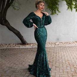 Green Glitter Dark paljetterade aftonklänningar Long Deep V Neck full ärmar Sexig backless Formal Mermaid Celebrity Party klänningar Prom Dress Vestido de Festa Estido