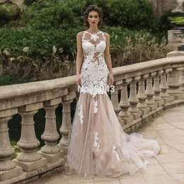 Unique Mermaid Wedding Dresses 2021 White Appliques Champagne Tulle Bride Gowns O Neck See Through Bridal Gowns vestido de noiva