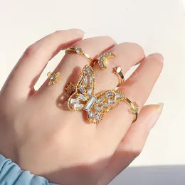 Böhmen geometrisk fjäril rhinestone ring uppsättning för kvinnor mode guld metall måne tunna öppning justerbara finger ringar smycken