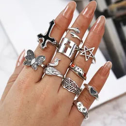 S2756 Fashion Jewelry Knuckle Ring Set Retro Exaggerated Cross Frog Peacock Butterfly Cry Face Huge Heart Stacking Rings Midi Rings Sets 10pcs/set
