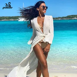 Bikini Cover-ups weiße Baumwolltunika Strand tragen Schwimmanzug sexy Hollow-out Sommerbad Kleid Robe de Plage T200708